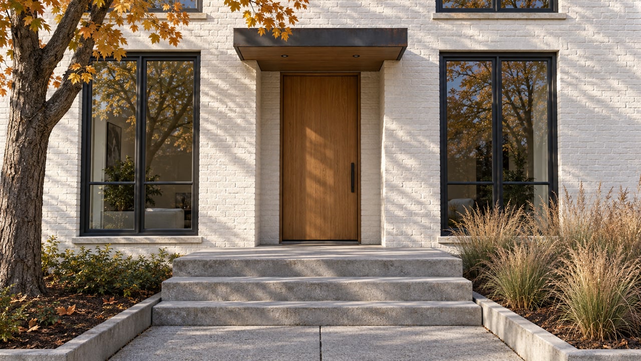 Warm-white brick home with a recessed oak door, paired dark-framed windows, concrete entry steps, and amber maple leaves.
