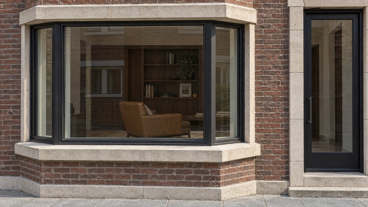 Close view of a brick residential bay window with limestone trim, black metal glazing and a closed glass entrance.