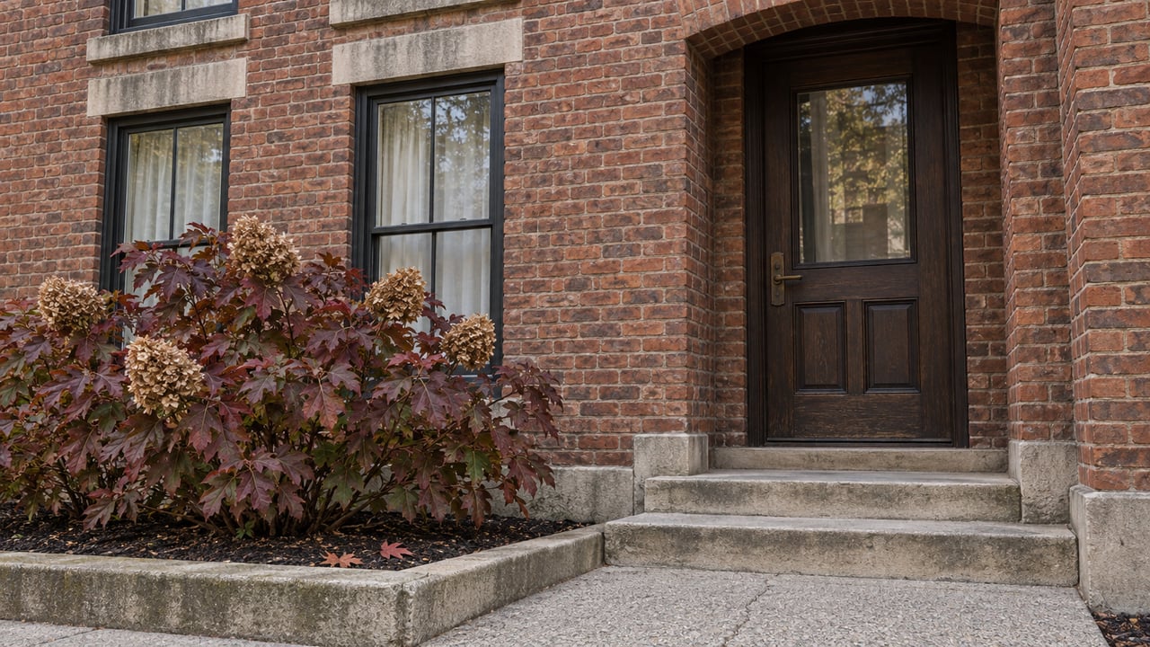 Red-brown brick residence with tall windows, a recessed oak entrance, worn limestone steps and burgundy oakleaf hydrangea.