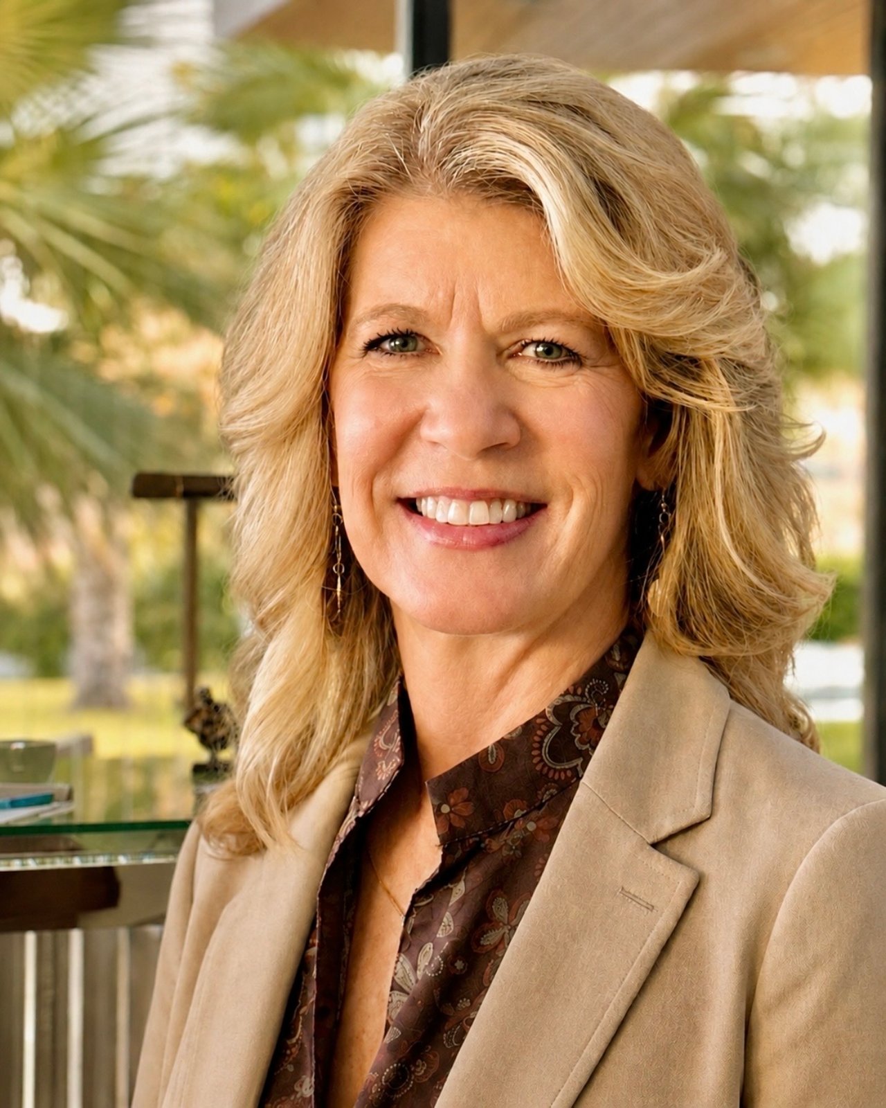 Sherry Erickson, smiling in a beige blazer and patterned blouse.