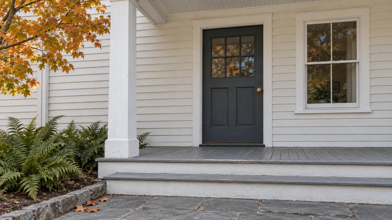 Close view of a clapboard home's covered entrance, with a charcoal glazed door, worn gray porch steps, bluestone approach and autumn maple leaves.