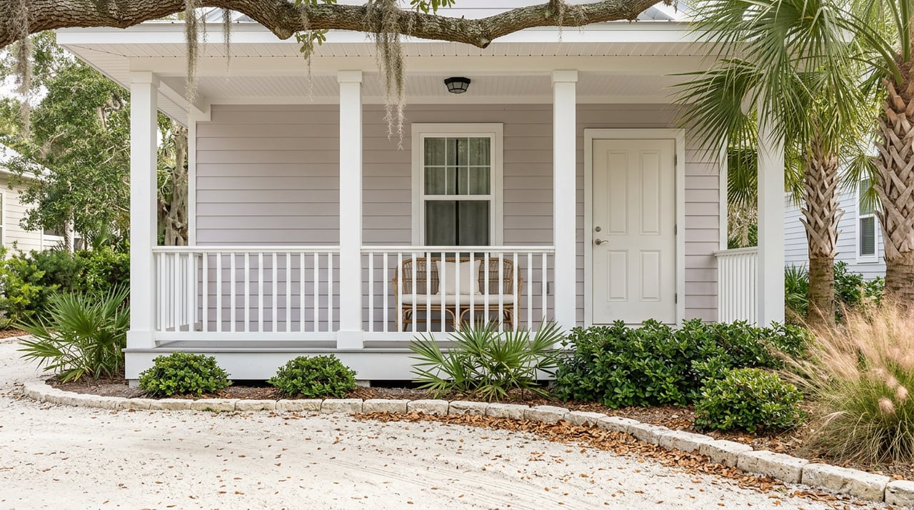 White cottage porch with a rattan bench, coquina edging, and live-oak branches draped in Spanish moss.