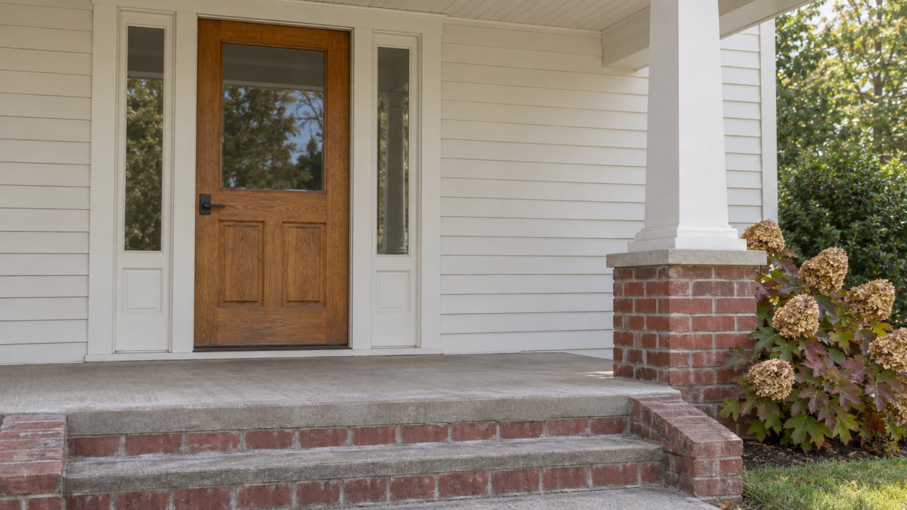 Covered entry with a glazed oak door, white clapboard, red-brick steps and autumn oakleaf hydrangea.
