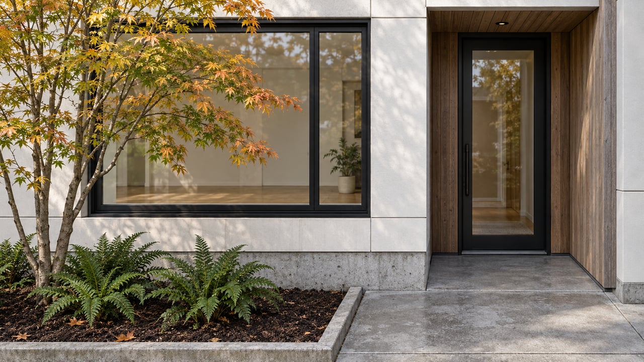 Contemporary residential entrance with weathered cedar, light facade panels, black-framed glazing and a vine maple in a compact planting bed.