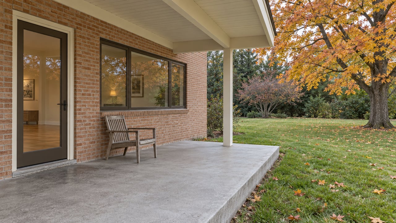 Covered porch of a warm brick house with closed glass doors, a teak chair, and an autumn maple beyond the raised concrete edge.