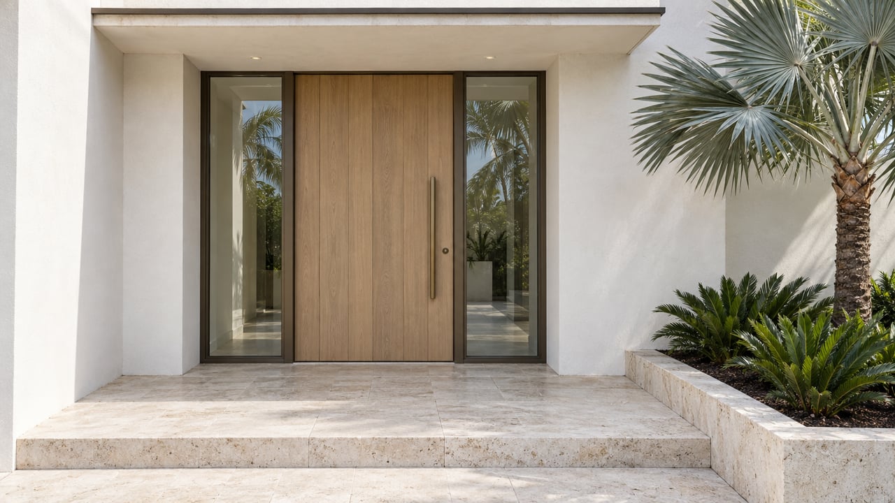 Pale stucco home entrance with an oak door, bronze-framed sidelights, limestone steps and a silver-backed fan palm.