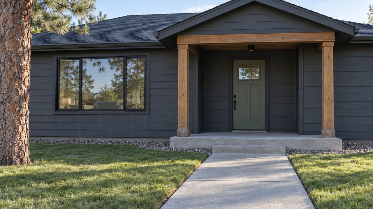 A modest charcoal-sided ranch home with a cedar-post covered entry, concrete approach, and clipped lawn in soft morning light.