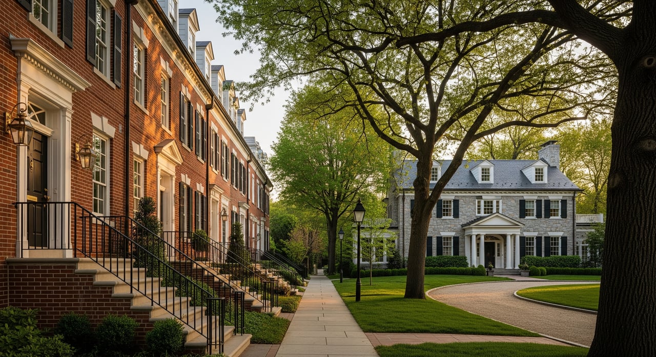 Brick rowhouses line a shaded sidewalk opposite a white columned house and curved driveway.