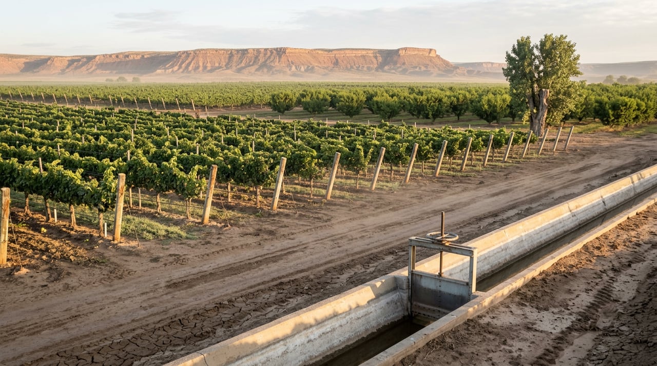 Grape rows recede toward a mesa beside a concrete irrigation channel and steel headgate.
