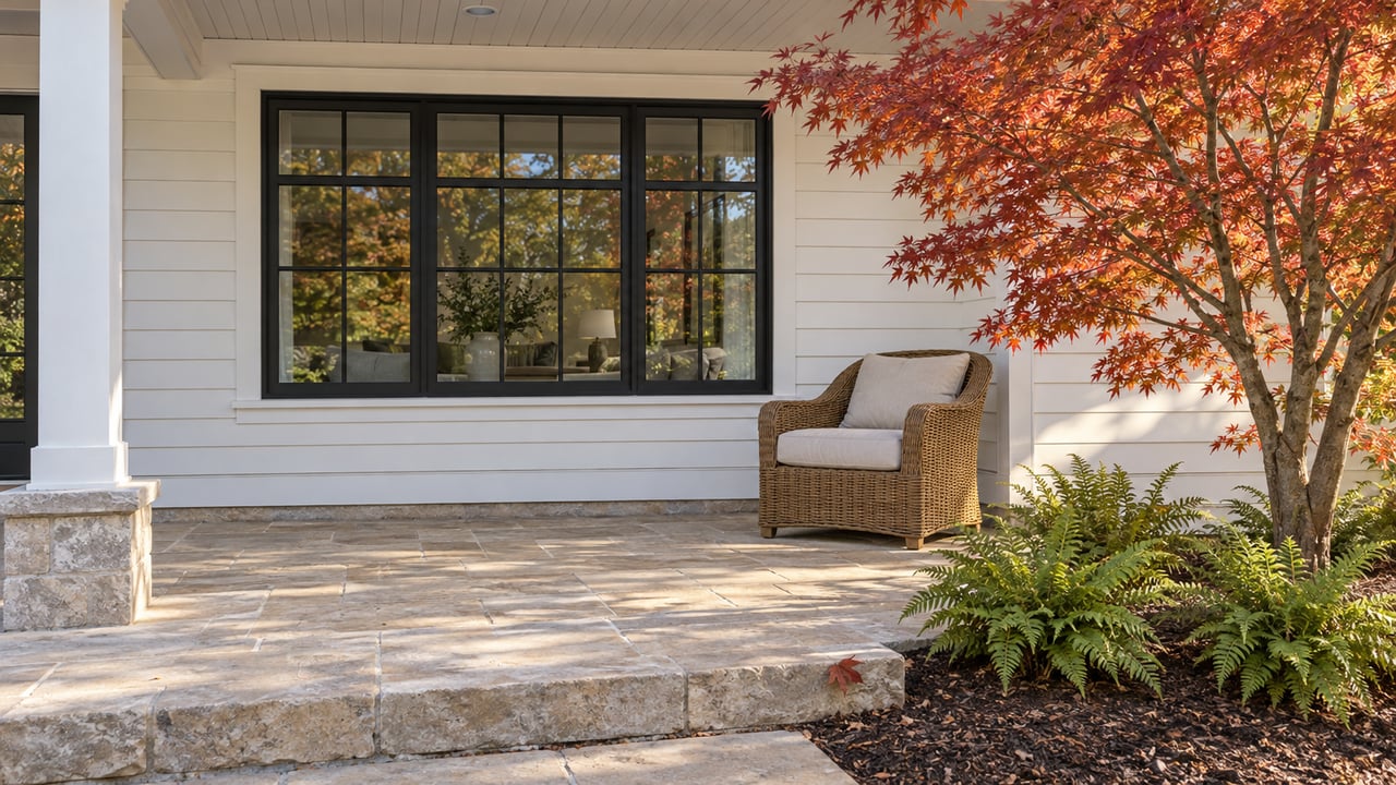 White wood-sided covered porch with a black divided-light window, wicker lounge chair, limestone paving and a copper-red Japanese maple.
