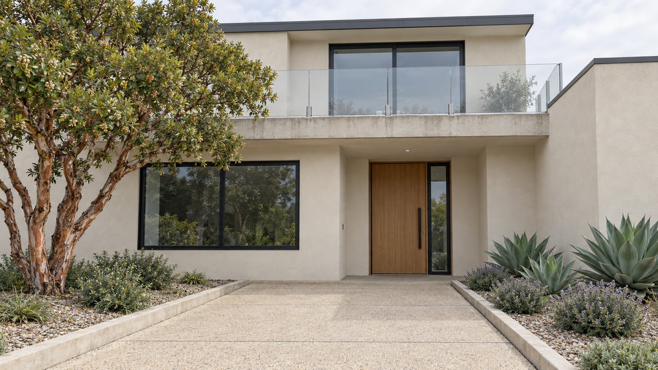 Two-story ivory stucco home with a glass balcony, recessed wood entrance, and sculptural drought-tolerant planting beside a concrete walk.