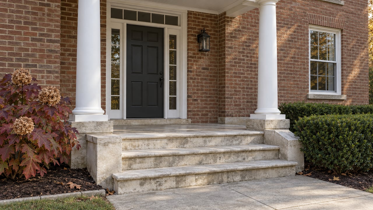 Brick home entry with white porch columns, a charcoal paneled door, broad limestone steps, and autumn oakleaf hydrangea.