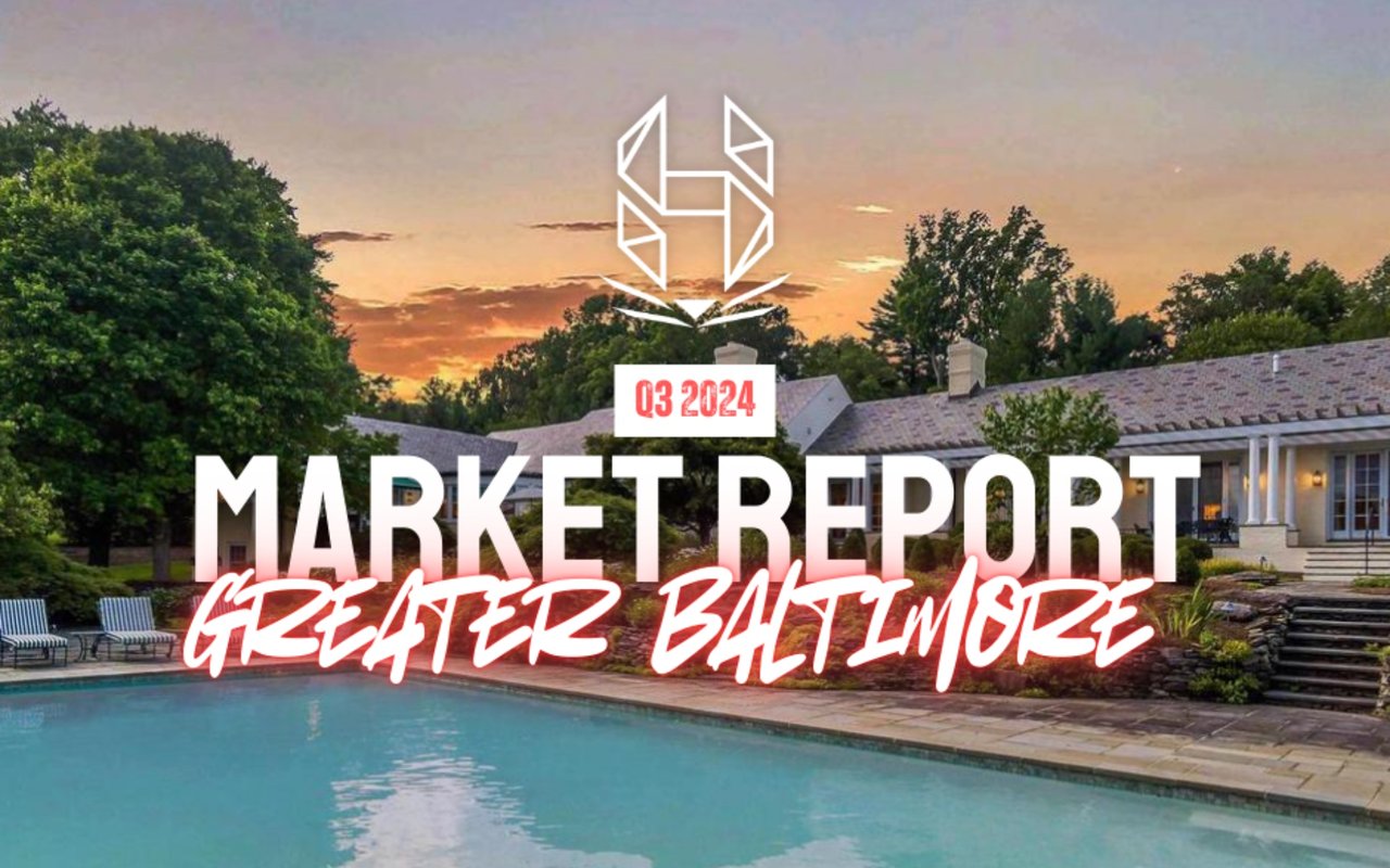 Q3 2024 Greater Baltimore market report over a home and swimming pool at sunset.