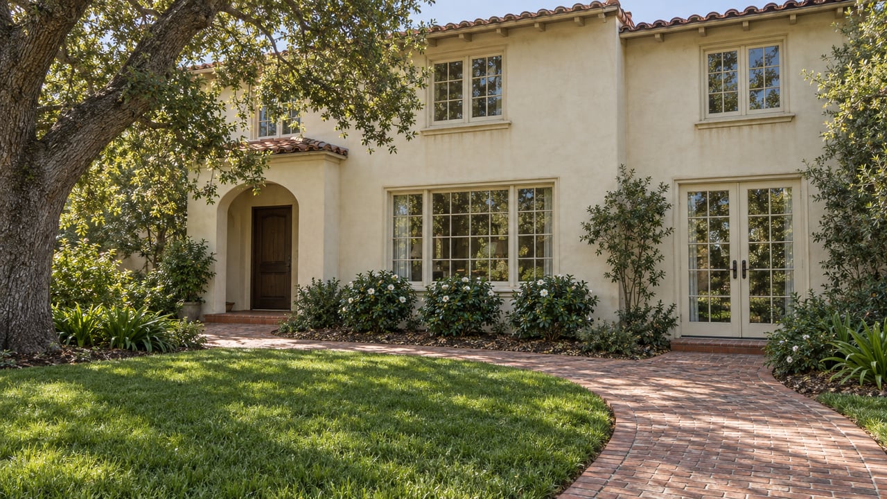 Cream stucco home with clay tile roof, divided-light windows and French doors beyond an oak-shaded lawn and worn brick garden walk.