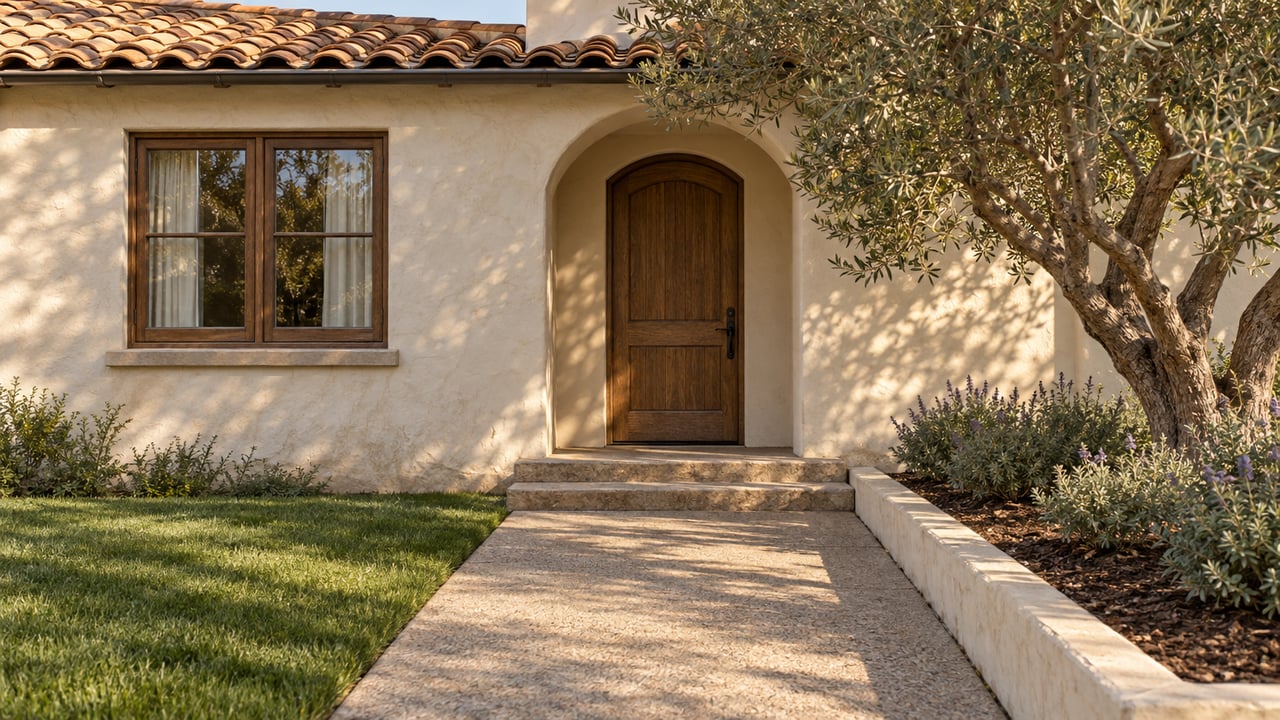 Cream stucco home with a clay tile roof, recessed arched oak entry, worn concrete approach and an olive tree.
