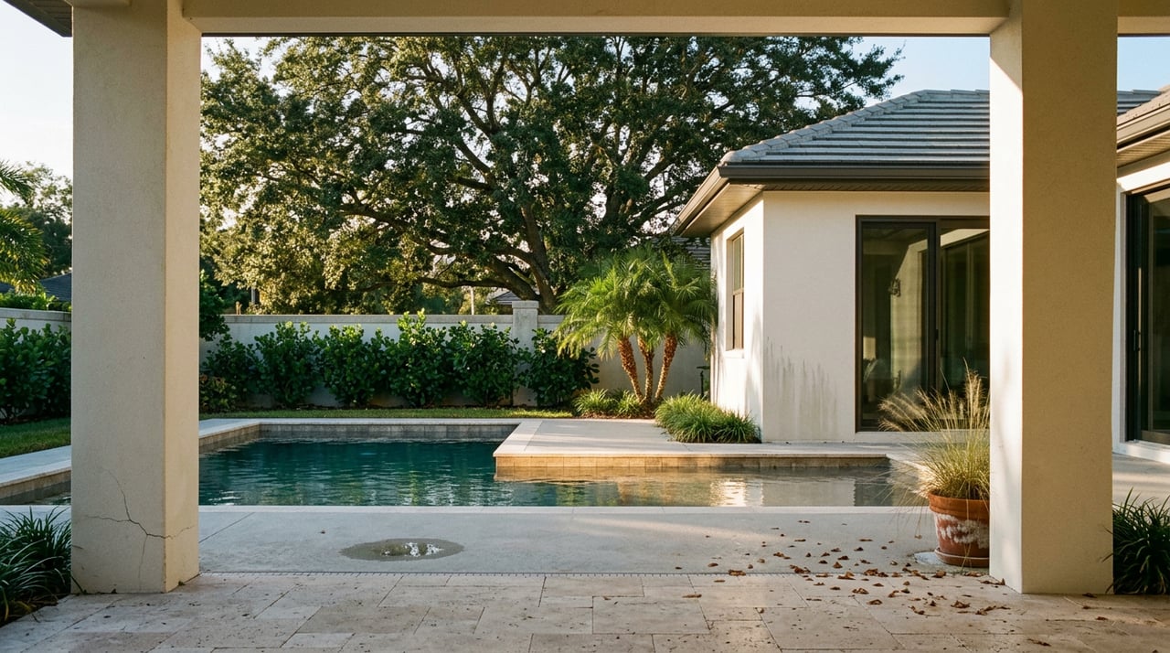 Backyard pool terrace framed by stucco columns, with travertine flooring and a live oak canopy.