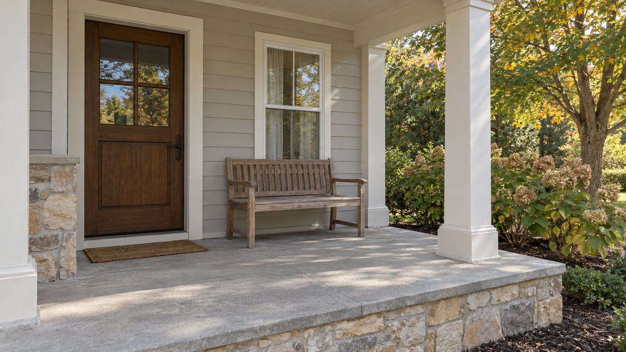 Morning light on a covered porch with a walnut door, teak bench, limestone base and oakleaf hydrangeas.
