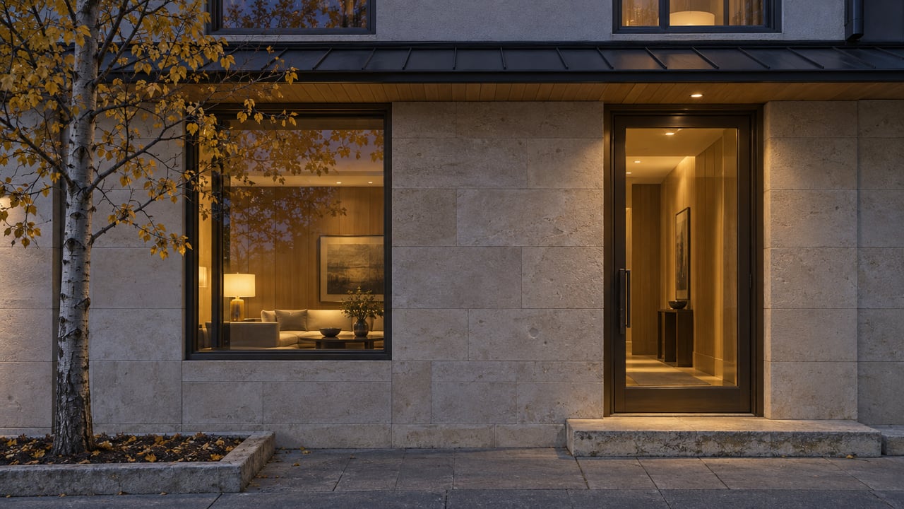 Limestone condominium frontage with bronze-framed windows, a lit glass entry, and a gold-leaved tree.