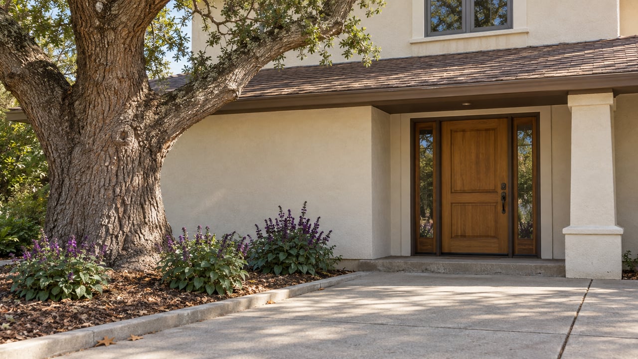 A mature oak beside a cream stucco home's sheltered wood entrance, with a concrete approach and native sage planting.