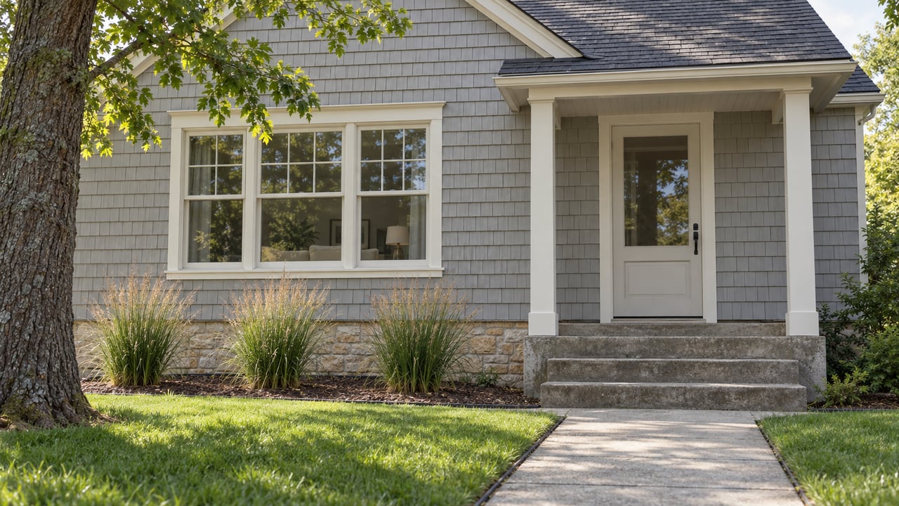 Gray cedar-shingled cottage with a glazed front door, limestone foundation, concrete steps and a small planted front garden.