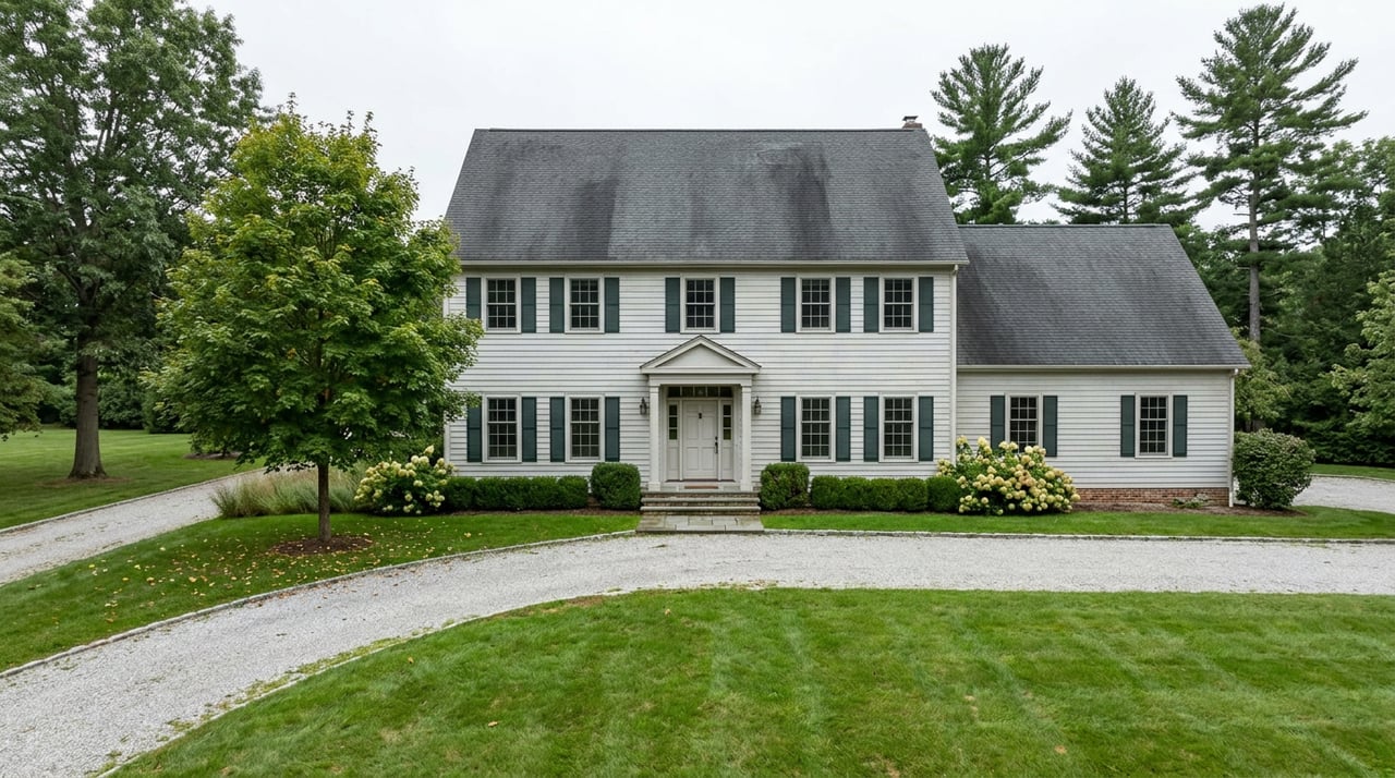 Weathered white colonial estate with green shutters, a broad lawn, sweeping gravel drive, and mature trees.