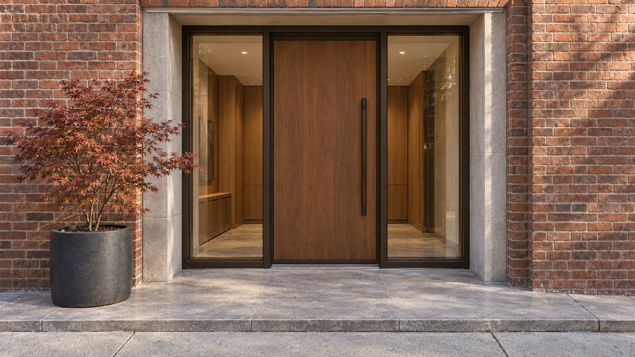 Recessed glazed residential entrance in russet brick, with a limestone landing and one copper-leaved Japanese maple in a charcoal planter.