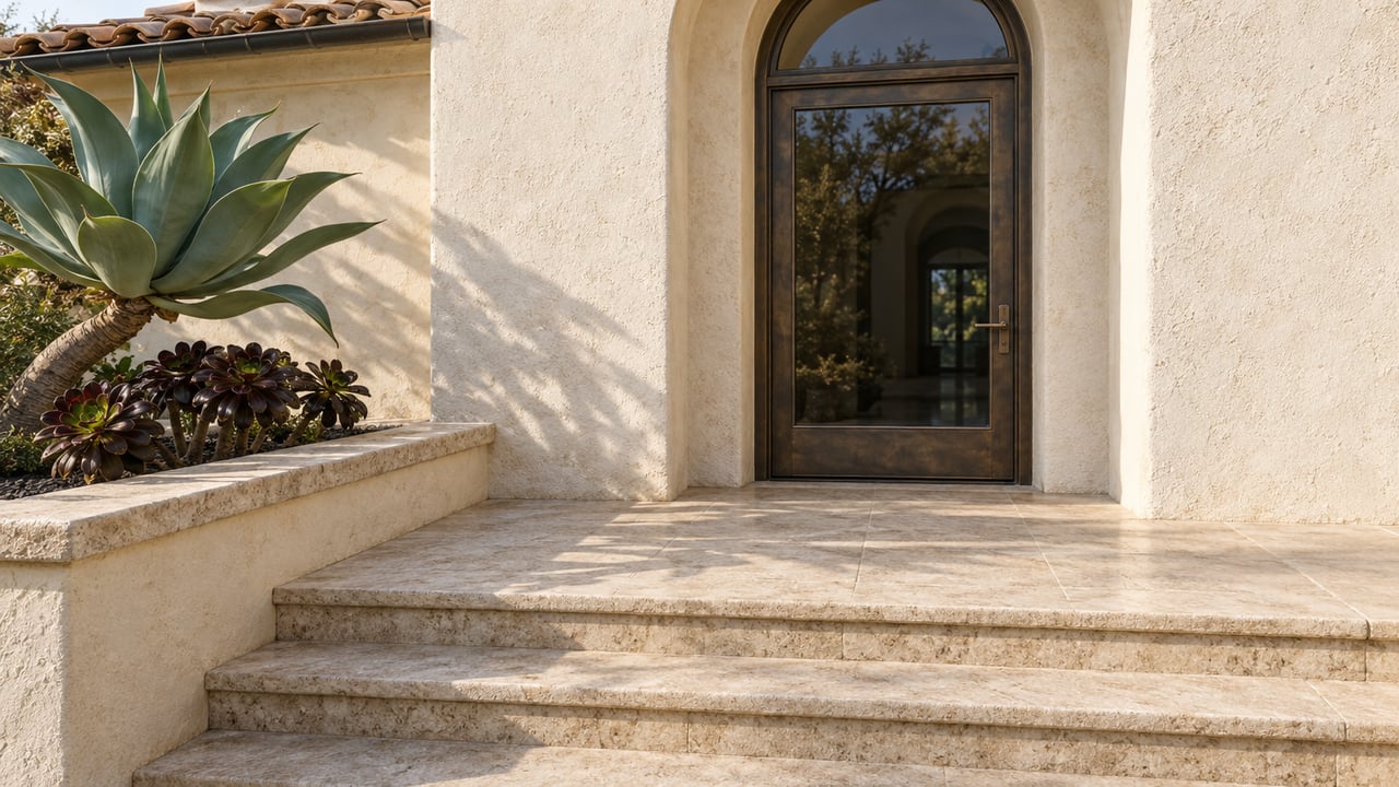 Ivory stucco home entry with a bronze-framed arched glass door, worn limestone steps, and sculptural succulents in a raised stone-capped bed.