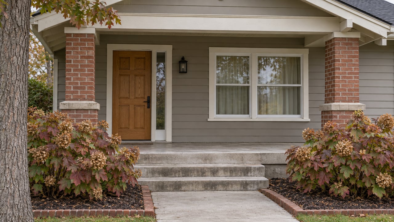 An established bungalow porch with red-brown brick piers, an oak door, gray siding and oakleaf hydrangeas beside concrete steps.
