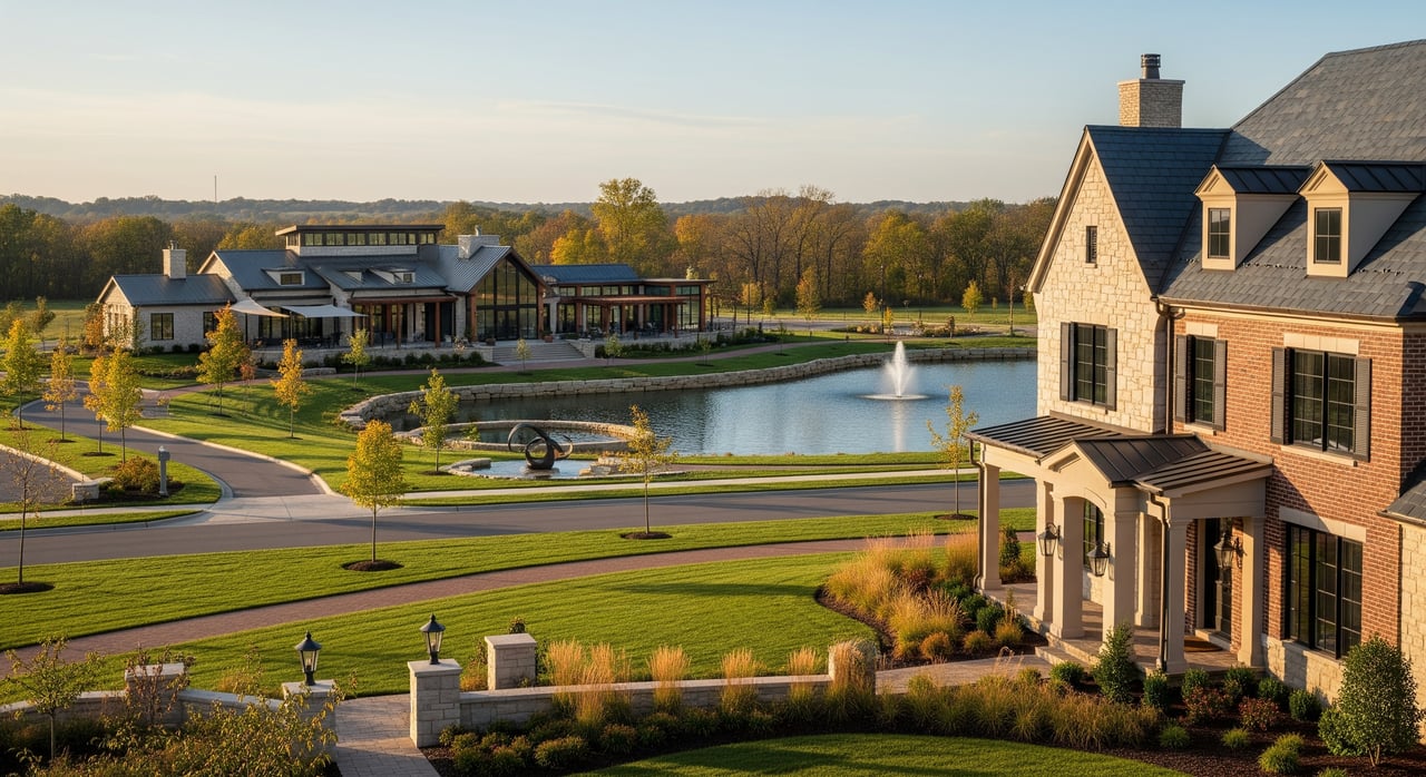 Brick and stone homes overlook a landscaped pond with a fountain and modern buildings beyond.