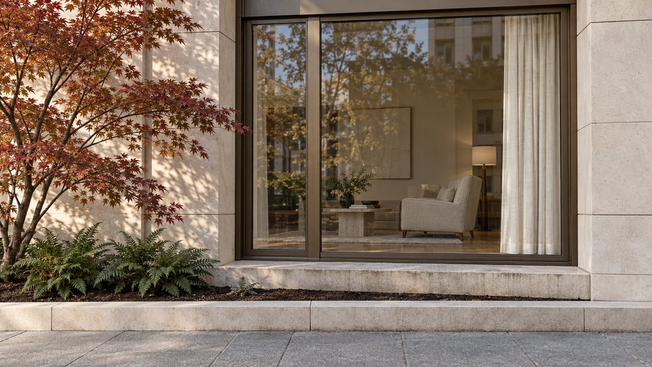 Pale limestone residential facade with bronze-framed living-room glazing, a copper-leaved Japanese maple and a stone-edged planting bed.