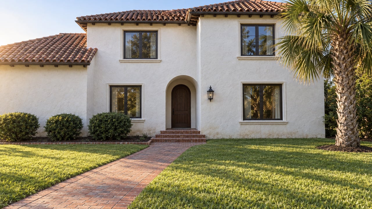 White stucco home with terracotta rooflines, an arched timber entry, a brick approach and a mature palm beside a deep lawn.
