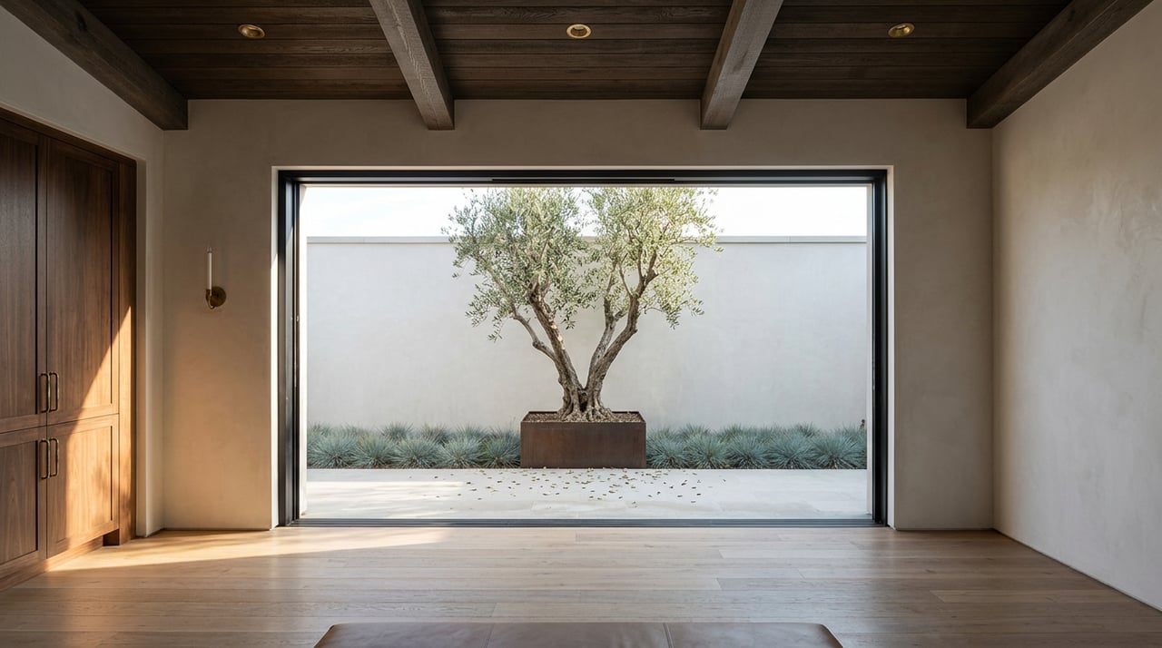Great room with exposed timber beams, wide-plank floors, and an open glass wall facing a courtyard olive tree.