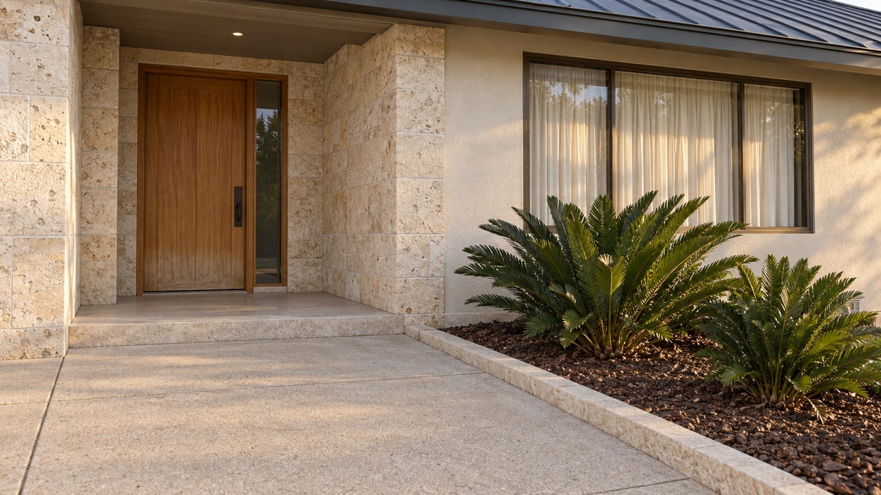 Evening light across an ivory stucco home with a limestone-lined recessed wood entry, bronze-framed window, and coontie plants beside a concrete approach.
