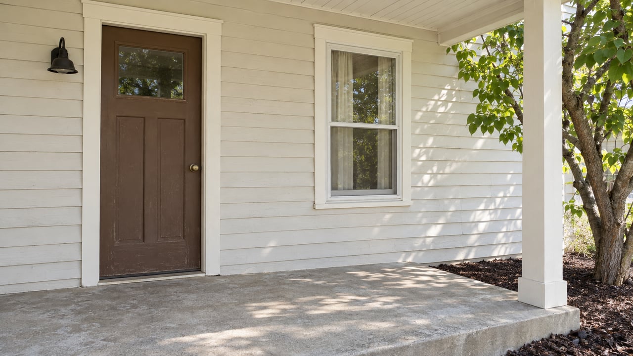 Covered porch with a brown wood door, cream lap siding, a double-hung window, and a redbud beside the raised concrete edge.