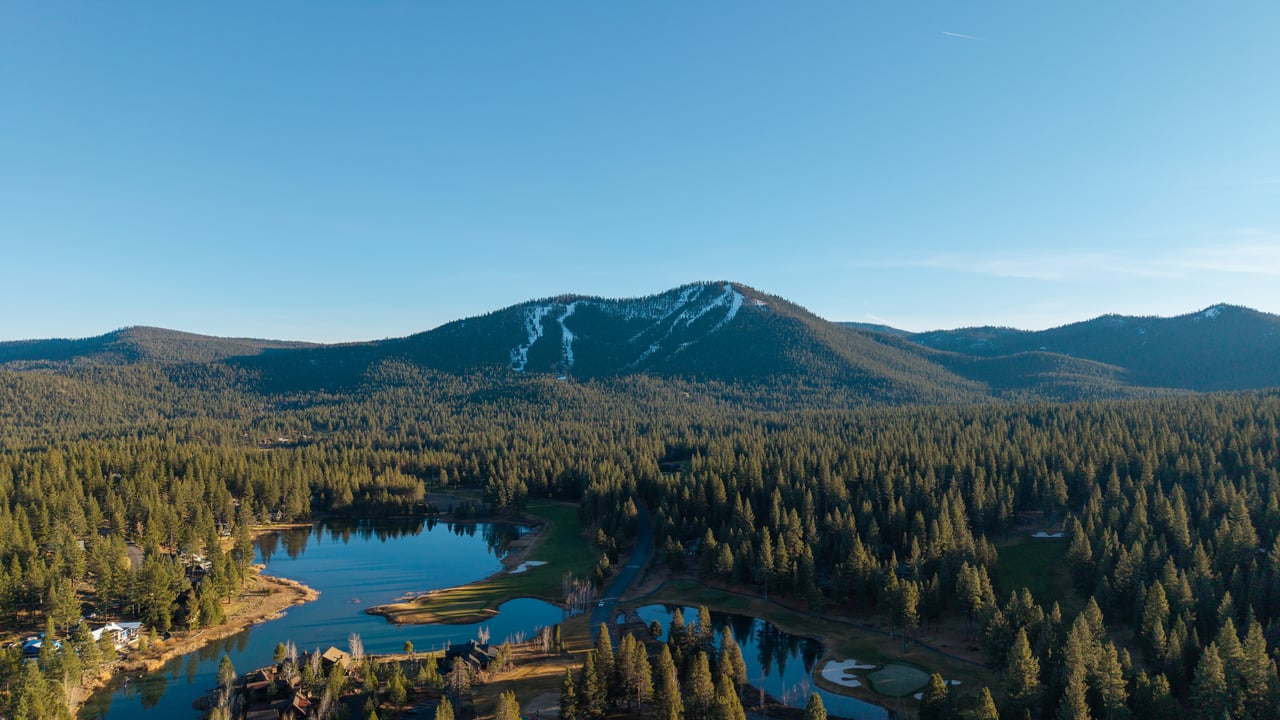 Aerial view of golf course homes in Grays Crossing and Schaffer’s Mill in Truckee, California
