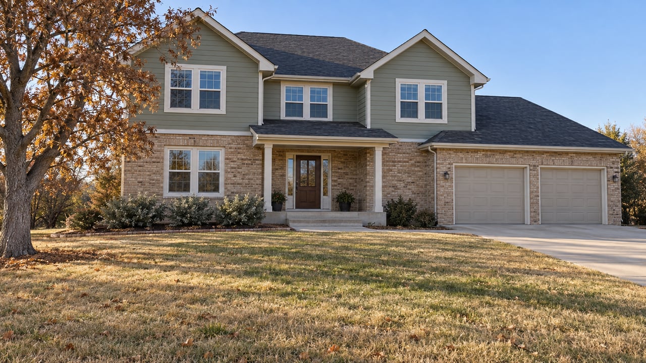 Substantial buff-brick and sage-sided home behind a broad autumn lawn, with a mature oak and a concrete entry walk.