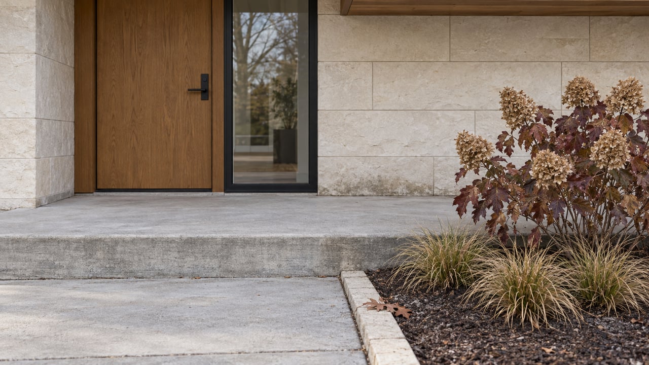 Late-fall light on a sheltered oak front door, pale limestone facade and concrete porch beside burgundy oakleaf hydrangea.
