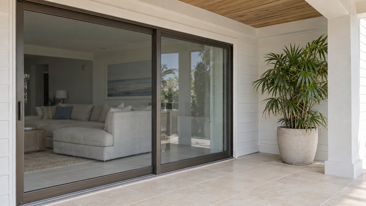 Covered terrace with a warm wood ceiling, white siding and bronze-framed glass doors opening visually onto a softly furnished living room.