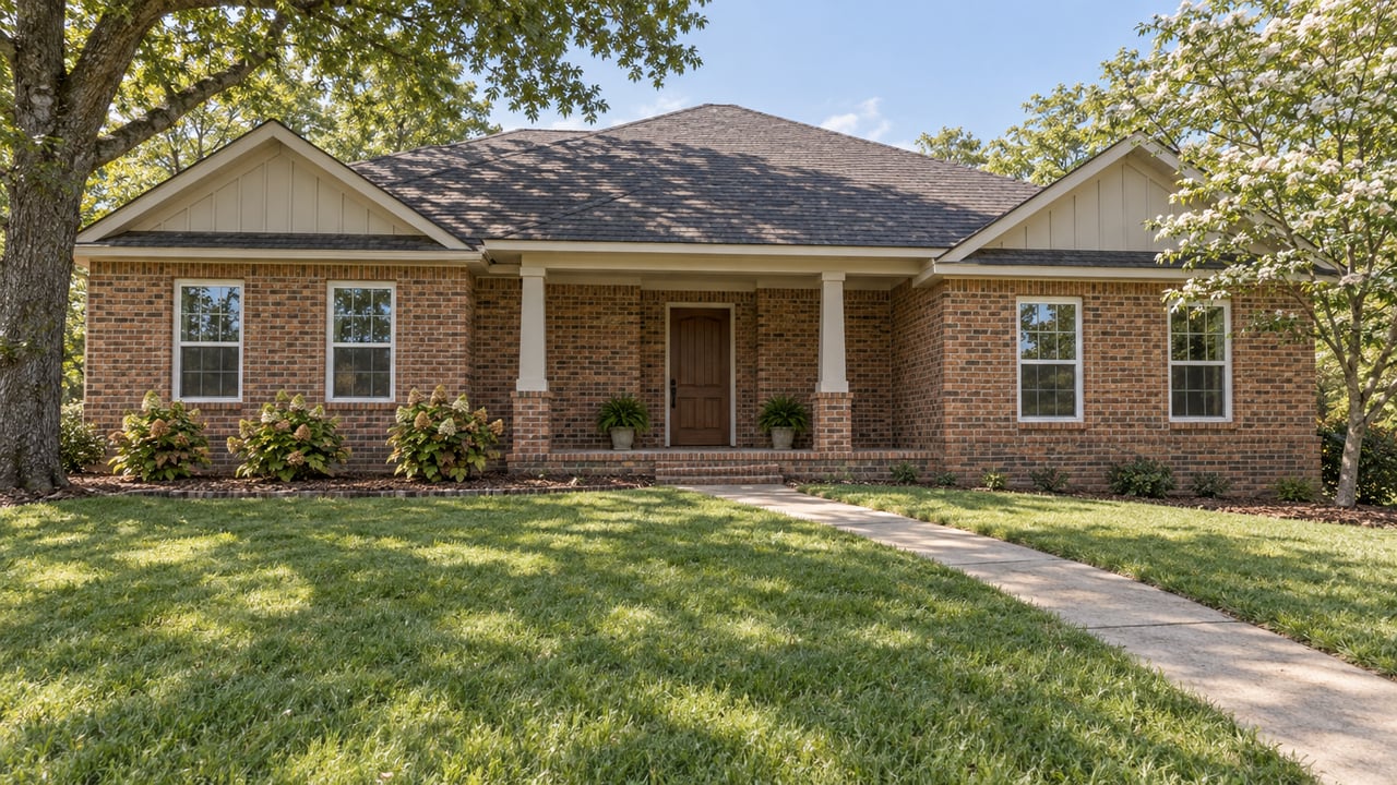 A single-story brick home with a covered front porch, deep gently sloping lawn, and mature oak and dogwood trees in daylight.