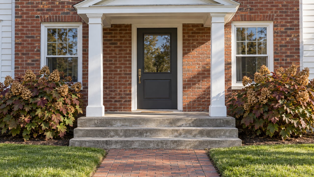Brick house entry with white porch columns, a charcoal door, concrete steps and autumn oakleaf hydrangeas.
