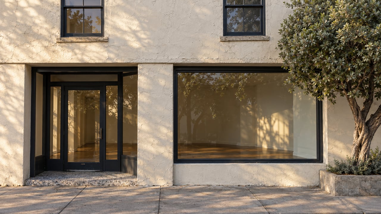 Older cream stucco storefront with dark sash windows, glazed entry, broad shop window, and a tree in a planter.