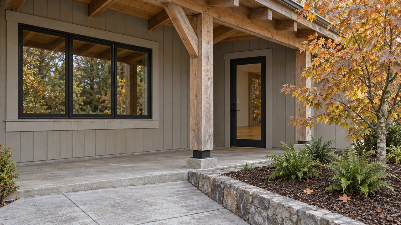 A timber-covered porch with gray siding, black-framed glazing, a concrete garden approach, and an autumn maple in a stone-edged bed.