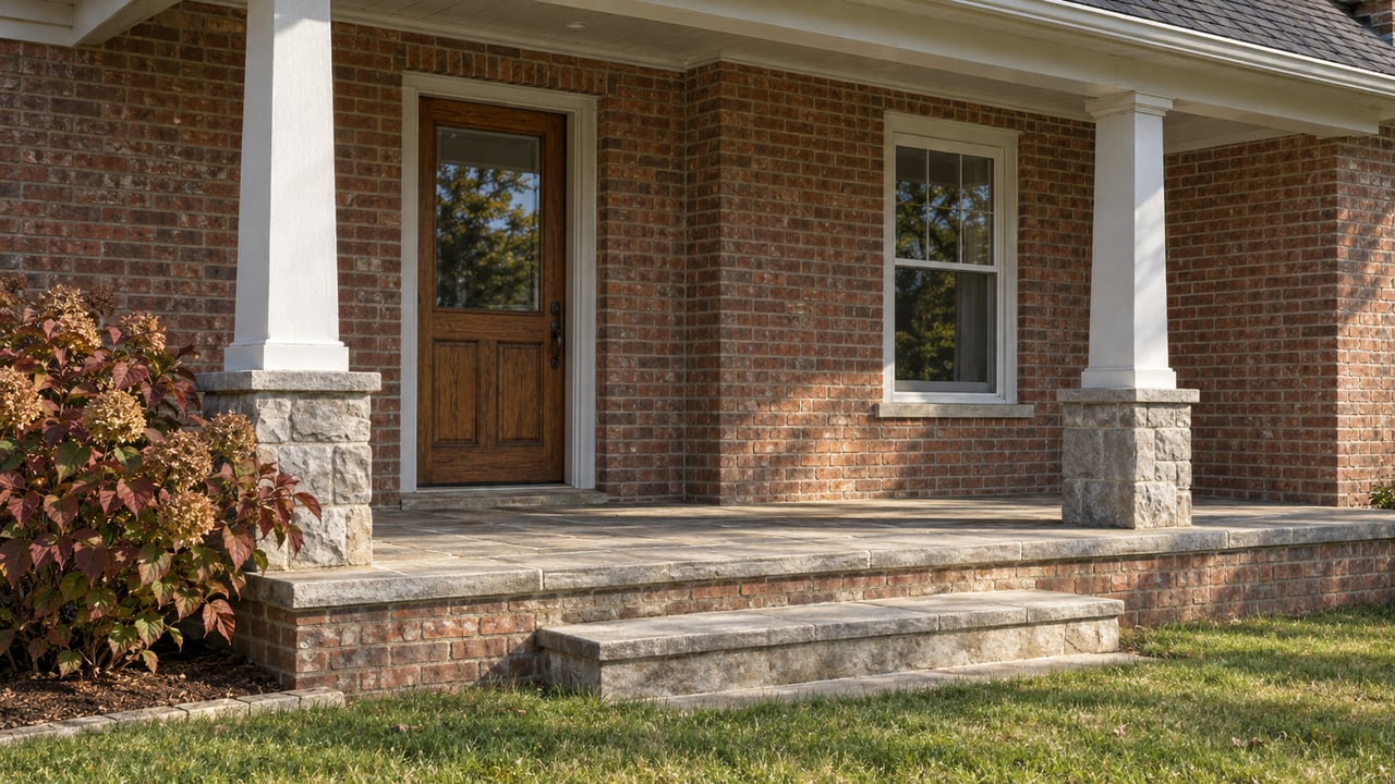 Sunlit brick porch with white timber posts, an oak entry door, worn limestone steps and autumn oakleaf hydrangea beside the lawn.
