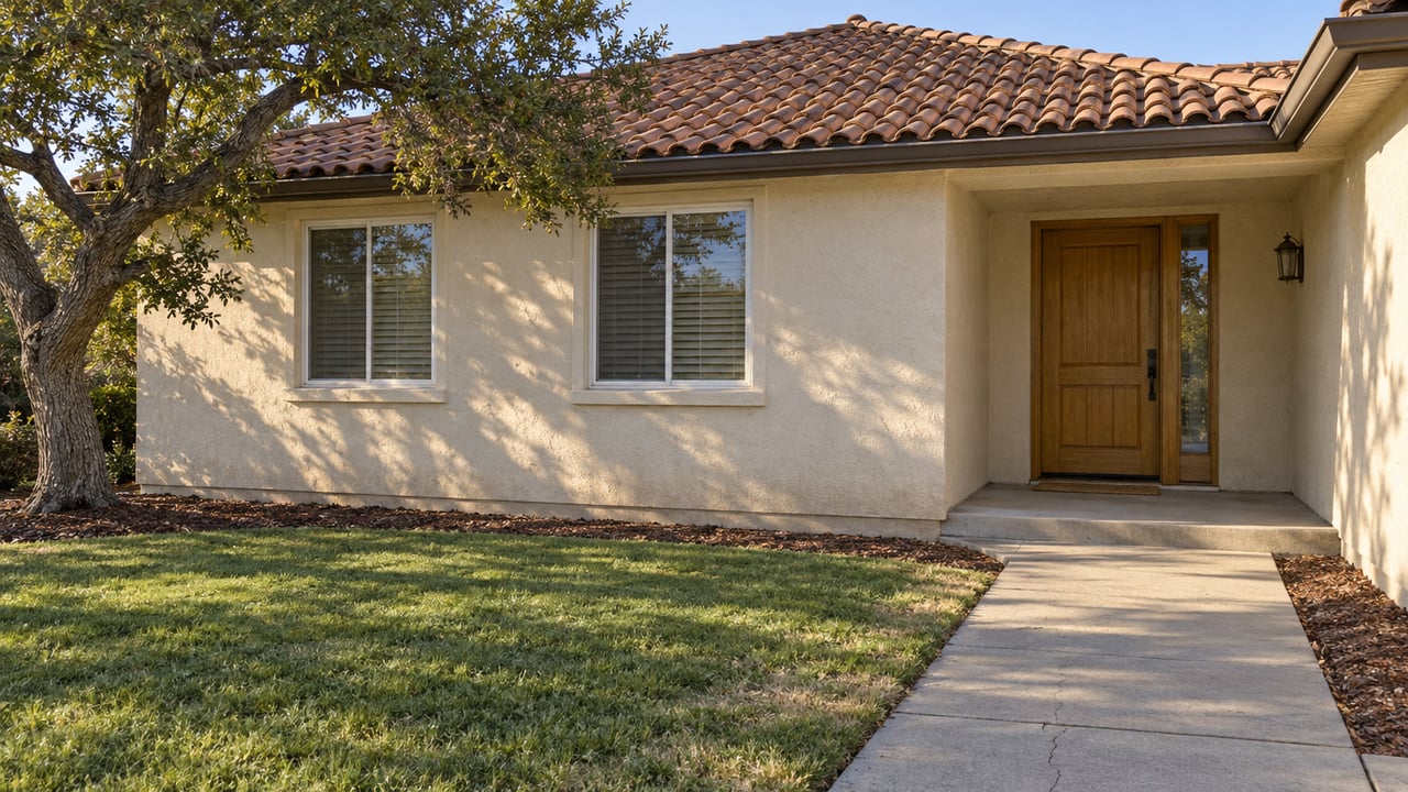A single-story stucco home with faded clay roof tiles, a recessed wood front door, and an oak shading the lawn beside a concrete approach.