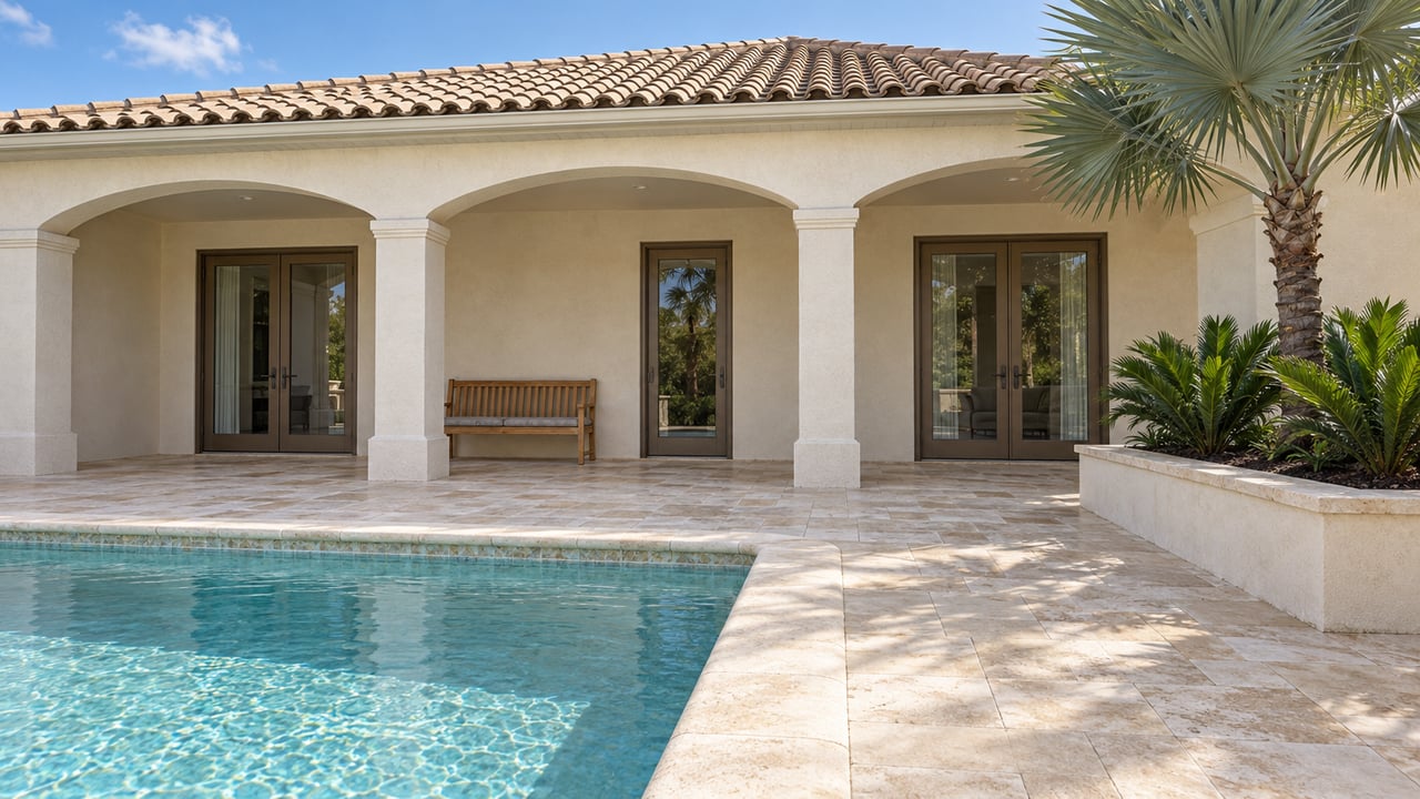 Ivory stucco home with an arched covered porch, limestone pool terrace, aqua water, and a silver-green fan palm in bright daylight.