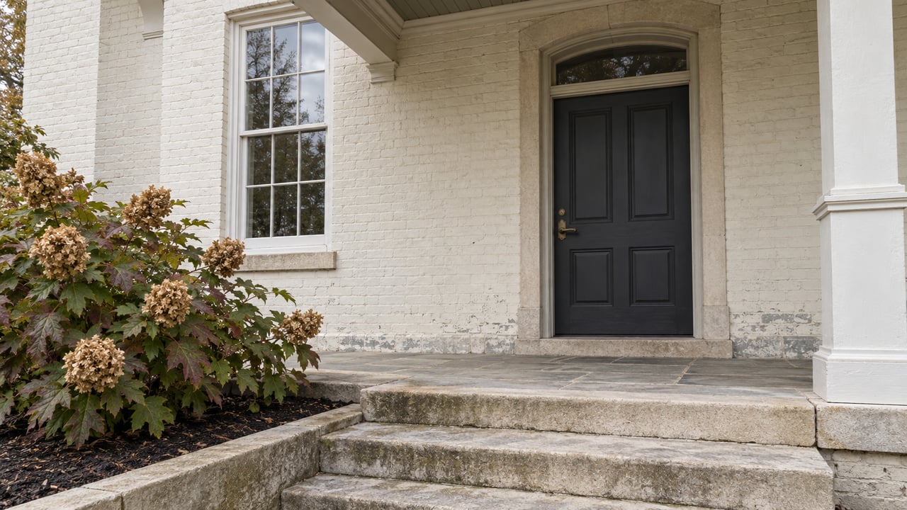 Close view of a painted-brick home's covered entry, charcoal door, divided-light window, worn limestone steps, and autumn oakleaf hydrangea.