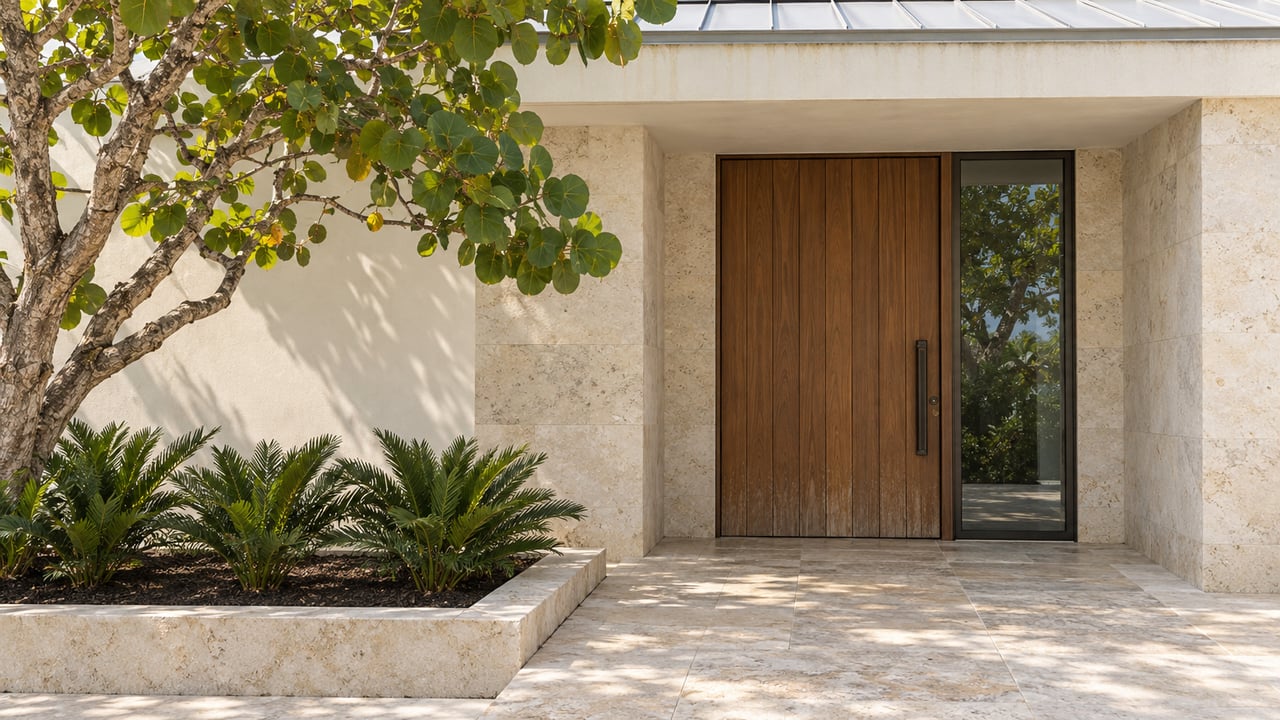 Cream stucco home entrance with a teak door, bronze-framed sidelight, pale limestone landing and sculptural sea grape tree.