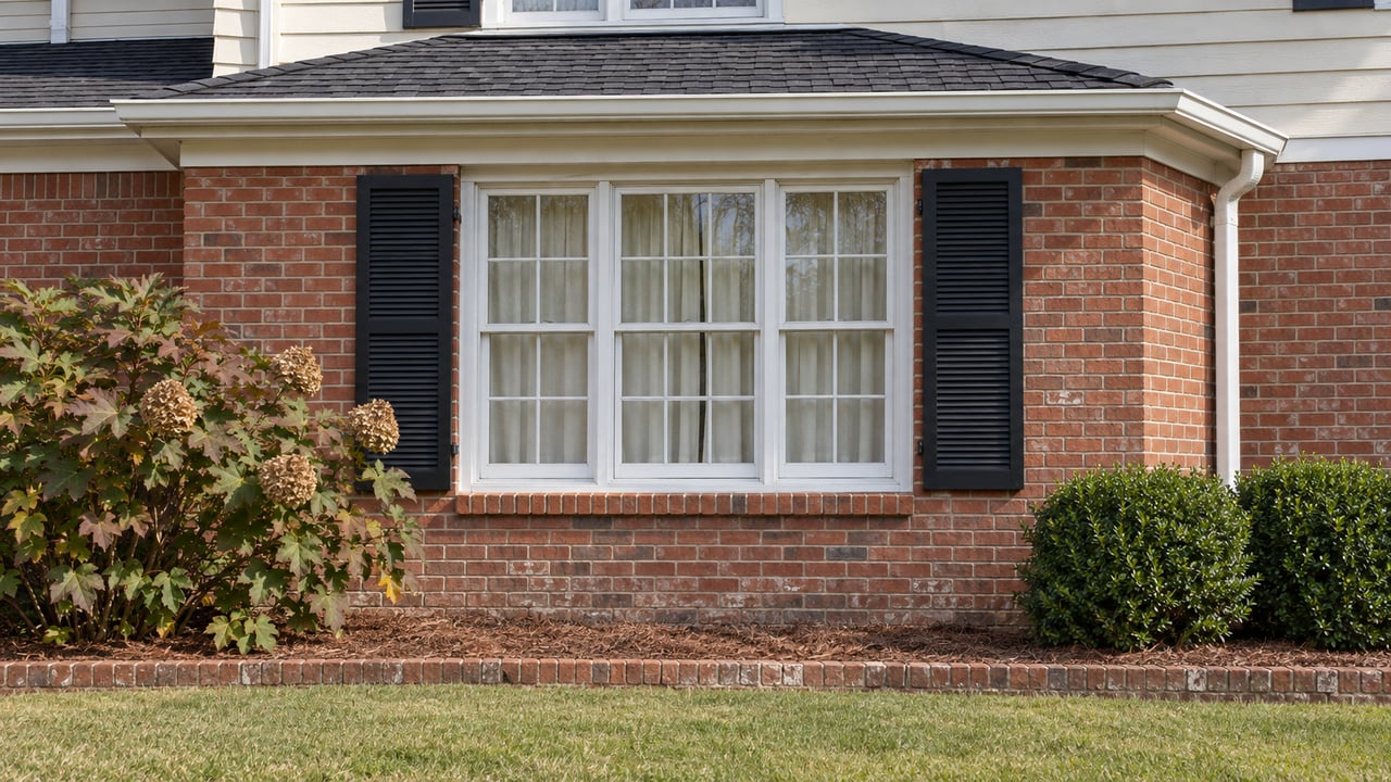 Close view of a red-brick home's white-framed window and black shutters above an established planting bed and lawn.