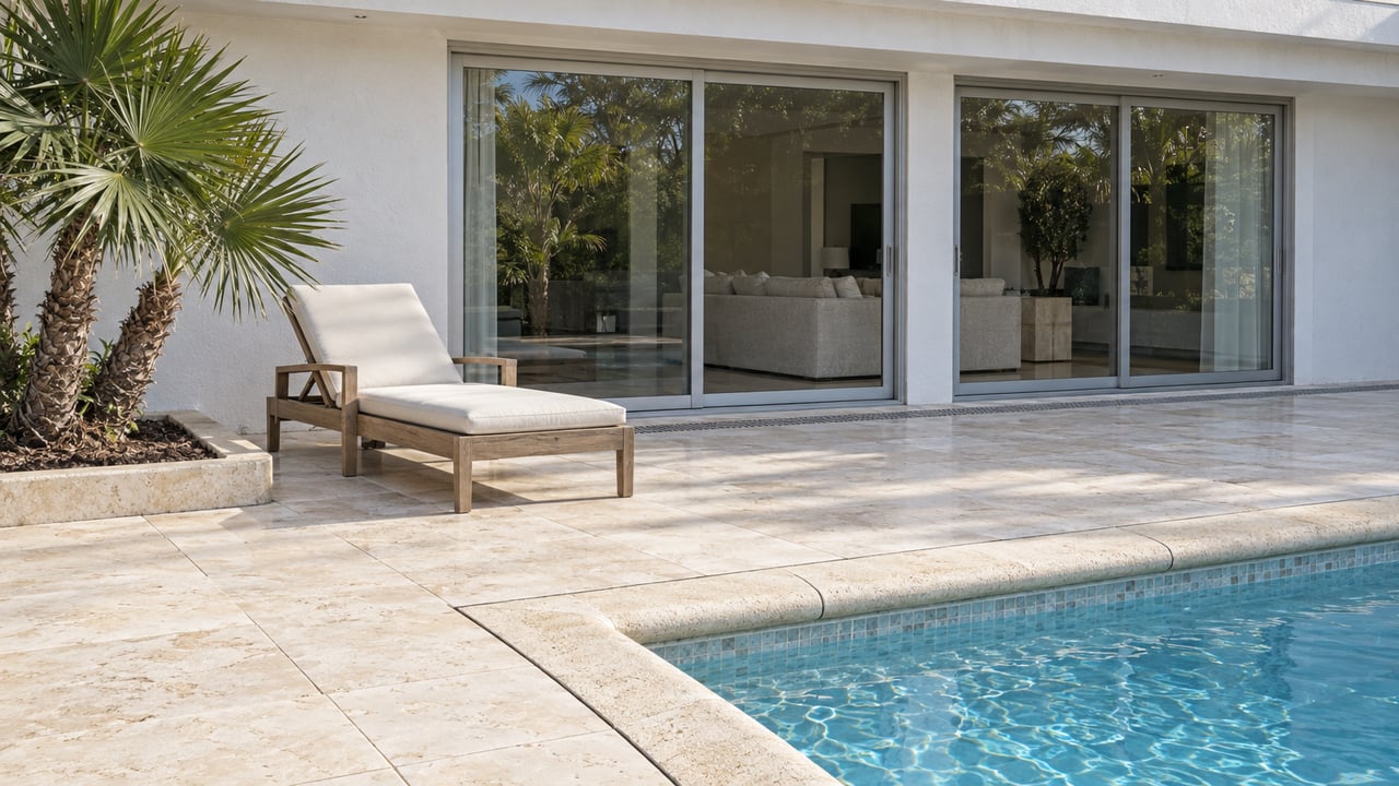 Sunlit limestone terrace beside a blue pool, with a teak lounge chair and closed sliding glass doors in a white stucco home.