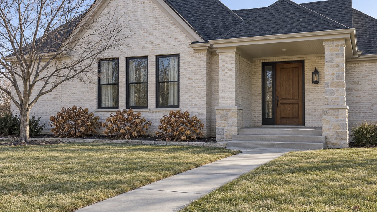 Winter sunlight across a broad front lawn and the covered entrance of a cream brick home with limestone details and black-framed windows.